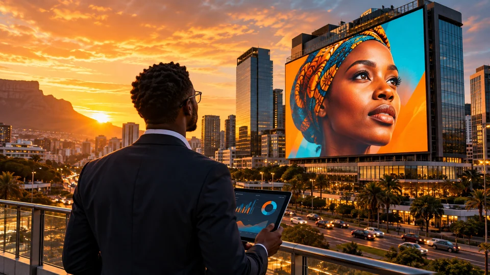 Media planner reviewing a digital billboard at sunset