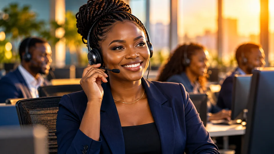 Customer support specialist speaking with a customer through a headset