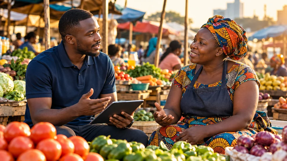 Researcher interviewing a trader at an African produce market