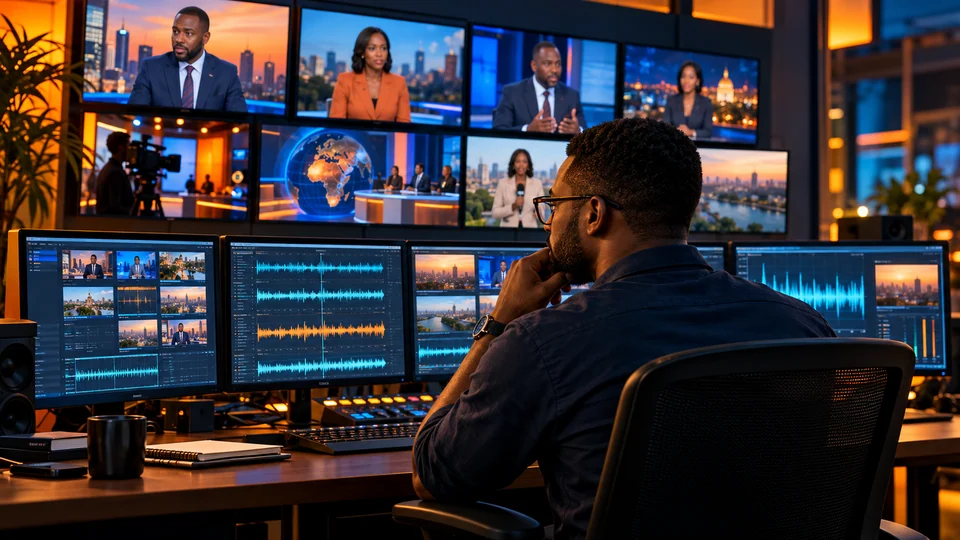 Analyst reviewing broadcast screens and media timelines