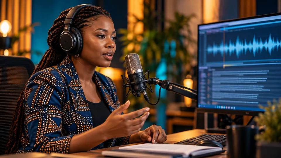 Linguist working with headphones, a microphone and transcript